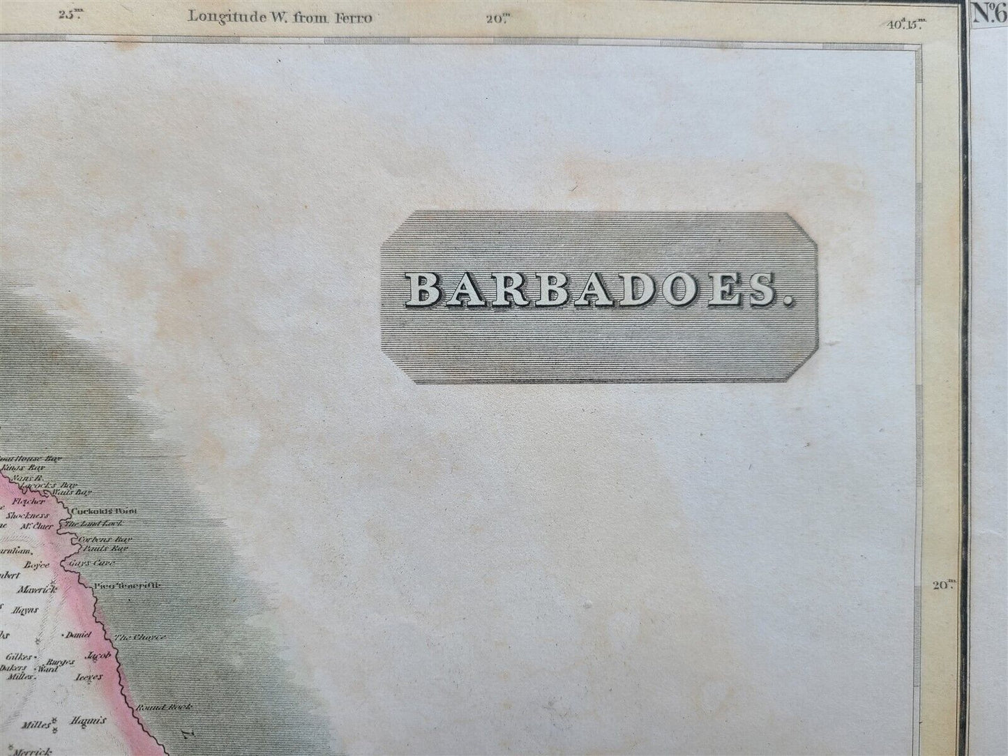 1814 MAP of WEST INDIA ISLANDS Carribean ST. VINCENT & BARBADOS antique 21 x 28"