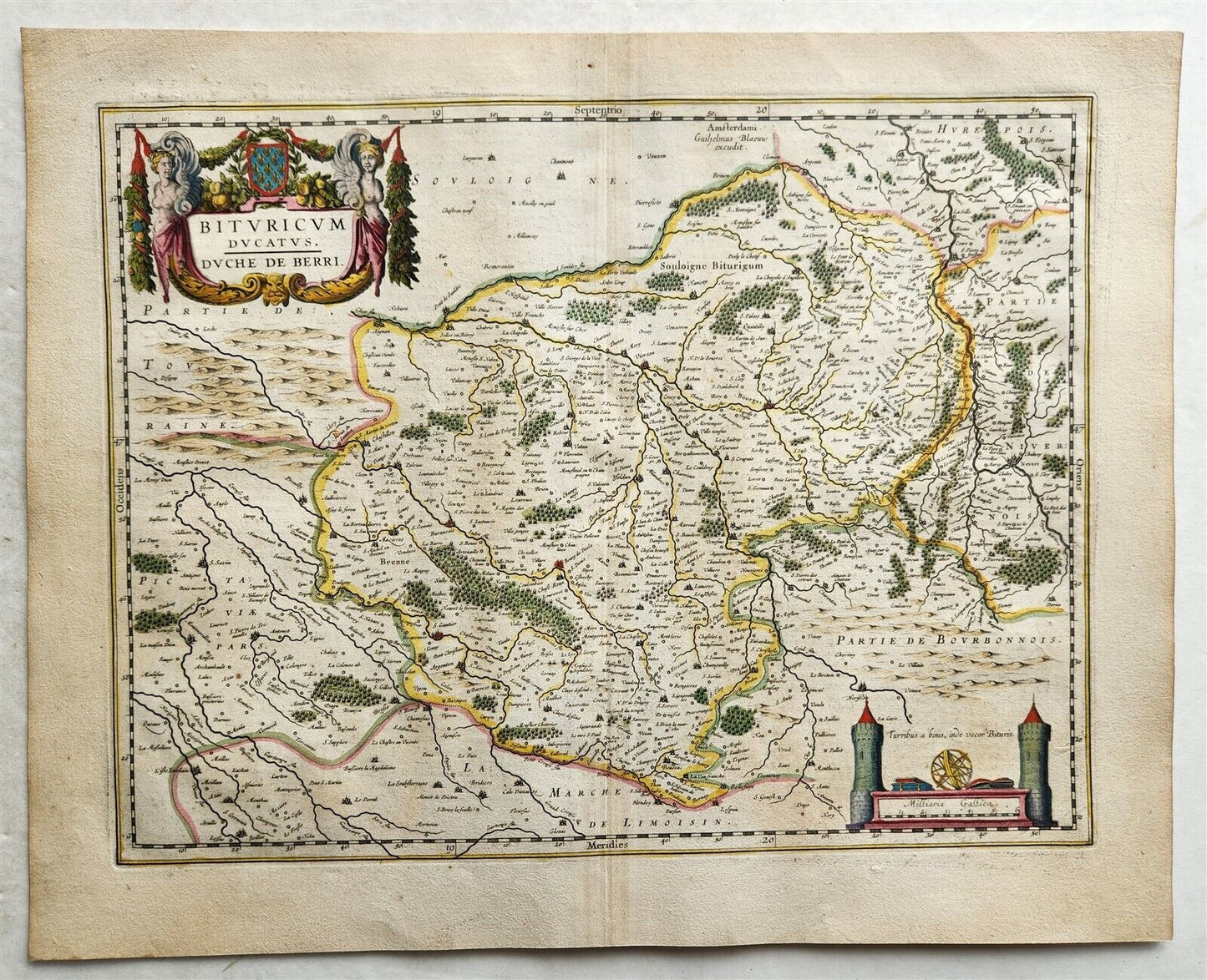 1640 MAP of FRANCE DUCHY of BERRY by WILLEM BLAEU antique AUTHENTIC hand colored