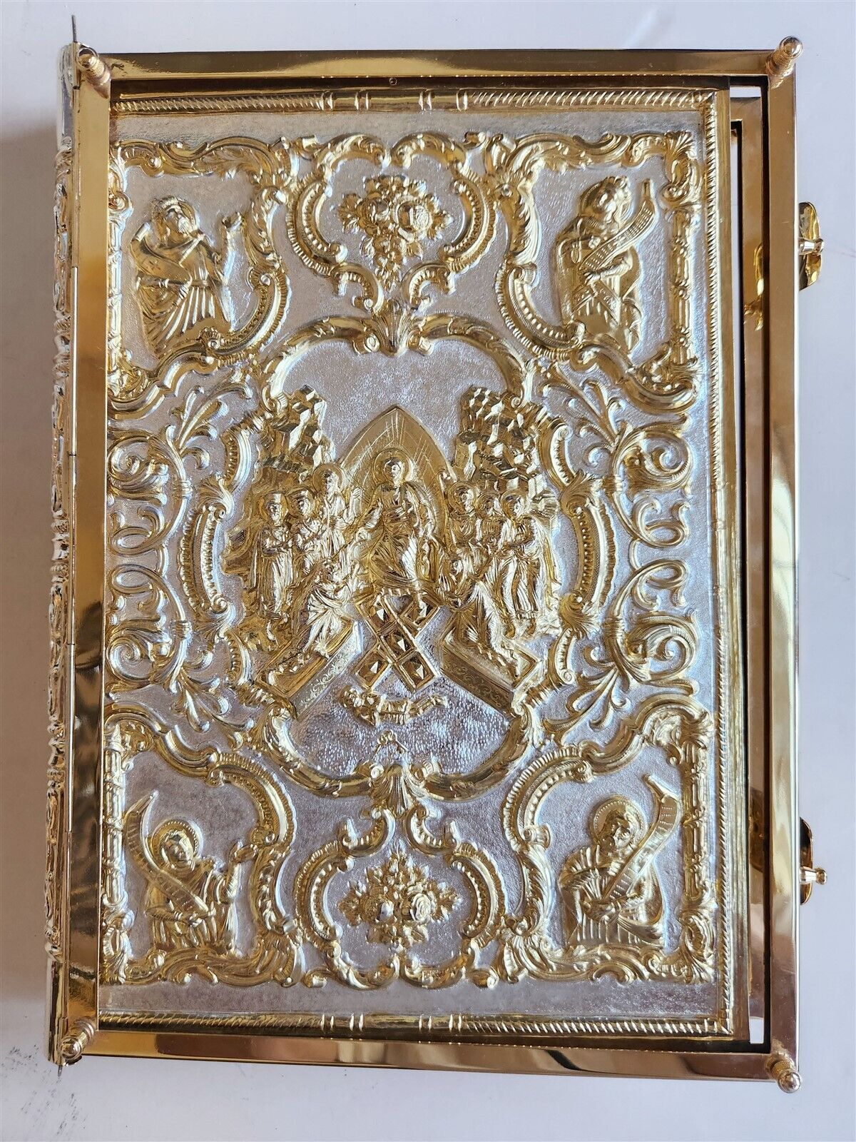 GREEK RUSSIAN ORTHODOX CHURCH GOSPEL GILT BRASS COVERS folio VINTAGE Bible