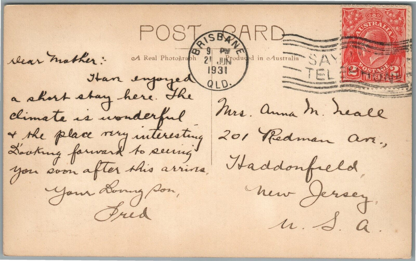 BRISBANE AUSTRALIA CUSTOMS HOUSE ANTIQUE REAL PHOTO POSTCARD w/ STAMP RPPC