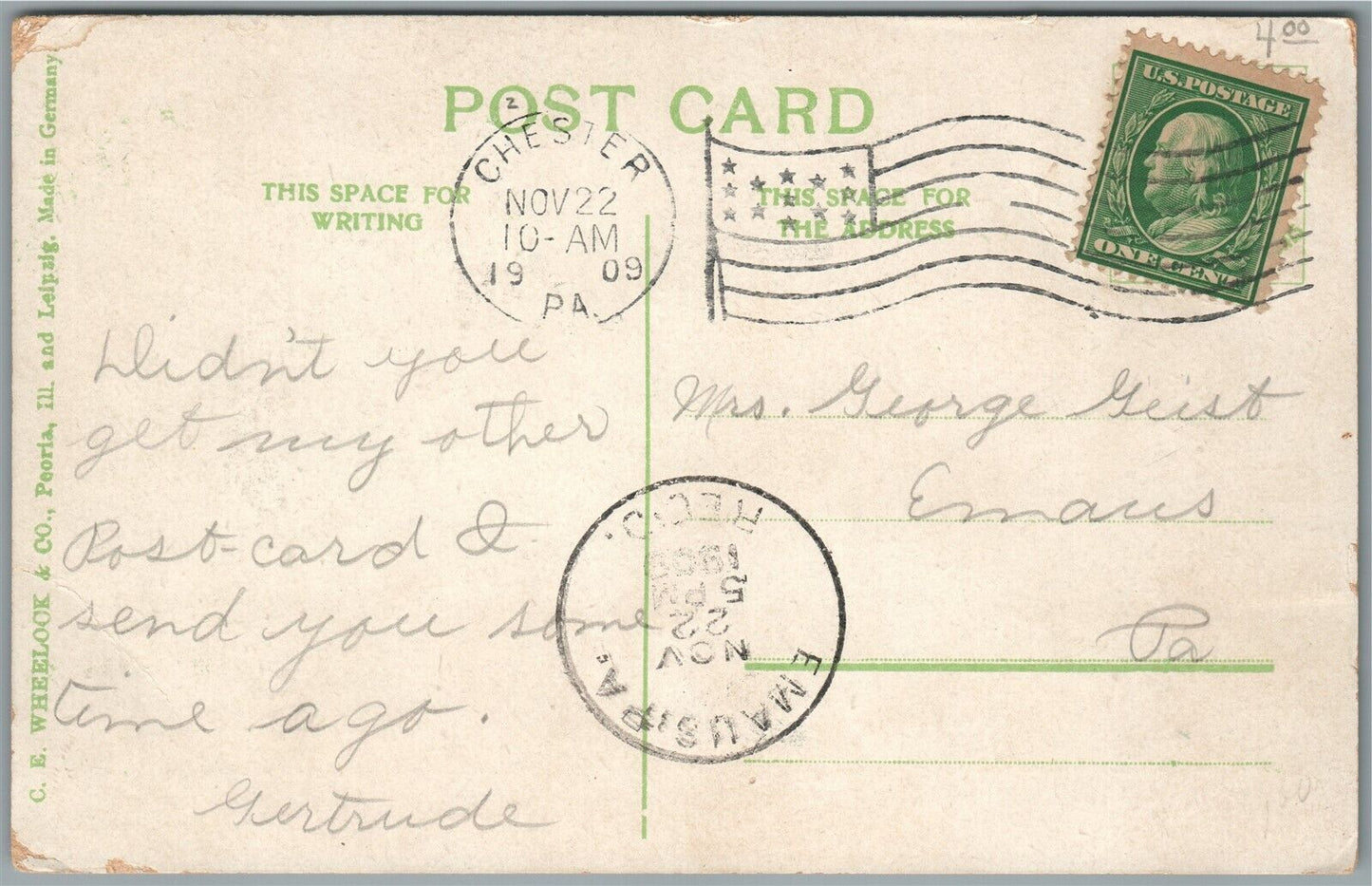 CHESTER PA EDGEMOND AVE. ANTIQUE POSTCARD