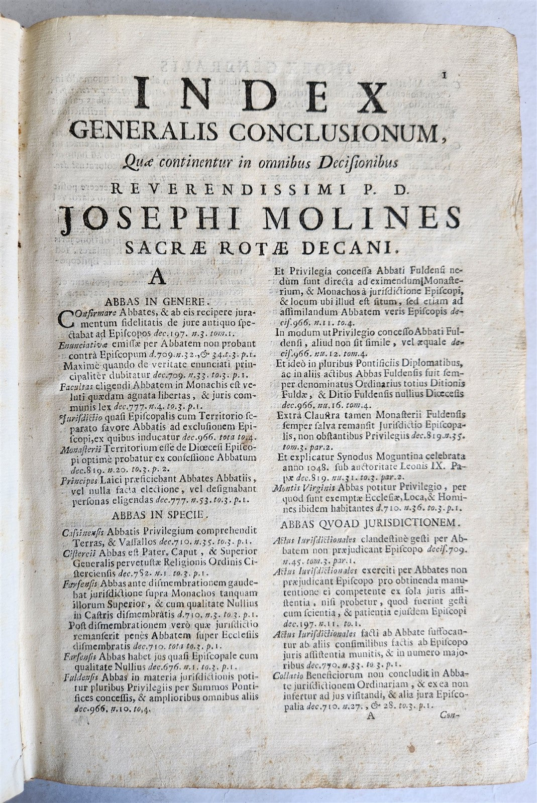 1720s LAW BOOK INDEX GENERALIS CONCLUSIONUM antique VELLUM BOUND FOLIO Vol.1