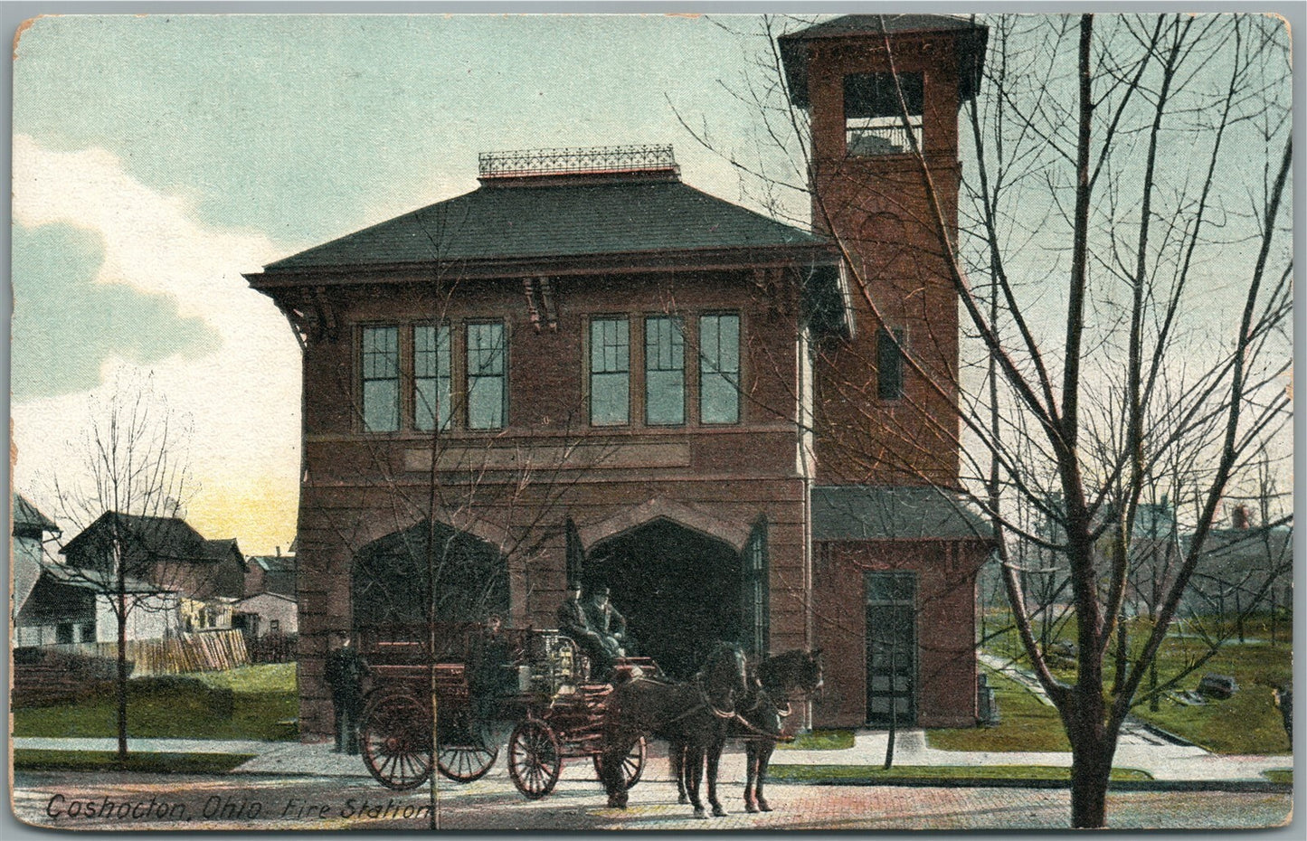 COSHOCTON OH FIRE STATION ANTIQUE POSTCARD