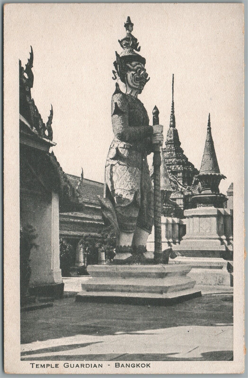 THAILAND BANGKOK TEMPLE GUARDIAN ANTIQUE RED STAR LINE POSTCARD