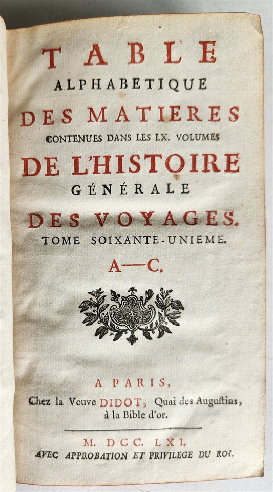 1761 HISTOIRE des VOYAGES antique vol.61 ALPHABETICAL INDEX A-C