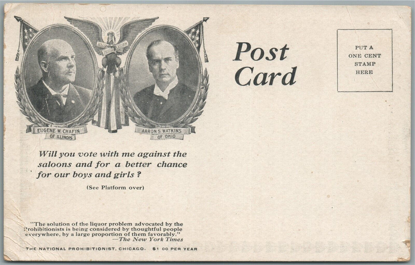 PROHIBITION PARTY of US ANTI-SALOON ANTIQUE POSTCARD