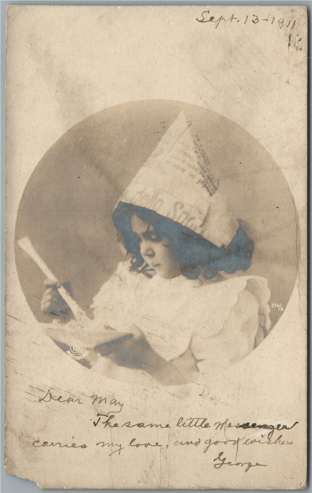 CUTE LITTLE GIRL ARTIST in NEWSPAPER HAT ANTIQUE REAL PHOTO POSTCARD RPPC
