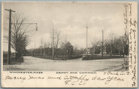 WINCHESTER MA RAILROAD STATION RAILWAY DEPOT & COMMON ANTIQUE POSTCARD