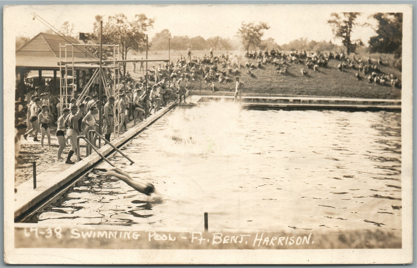 FT. BENJ. HARRISON IN SWIMMING POOL military ANTIQUE REAL PHOTO POSTCARD RPPC