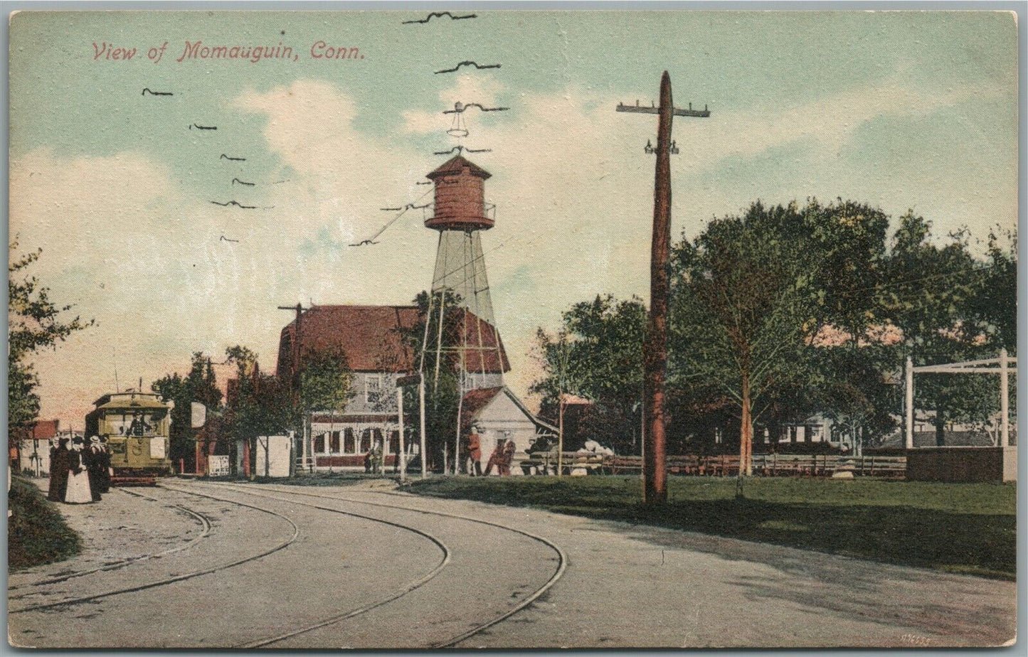MOMAIIGUIN CT STREET SCENE w/ TROLLEY ANTIQUE POSTCARD