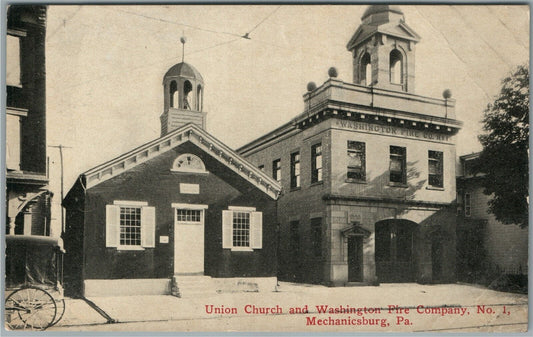 MECHANICSBURG PA UNION CHURCH & WASHINGTON FIRE COMPANY ANTIQUE POSTCARD