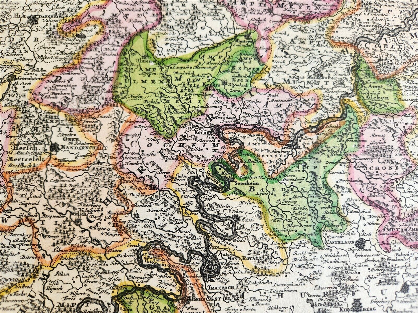 1720s MAP of GERMANY MOSELLE RIVER by J.B.HOMANN antique AUTHENTIC hand colored
