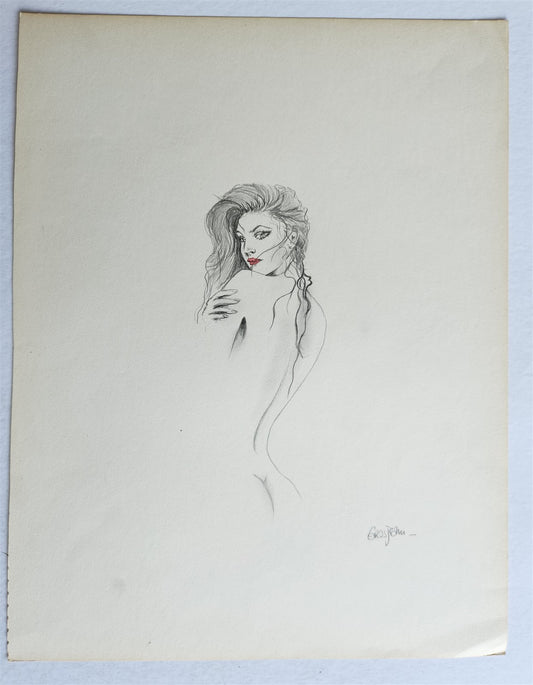 ILLUSTRATION ART EROTIC PENCIL DRAWING vintage FEMALE signed