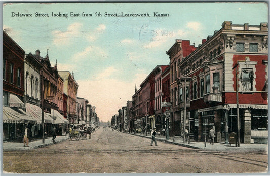 LEAVENWORTH KS DELAWARE STREET ANTIQUE POSTCARD