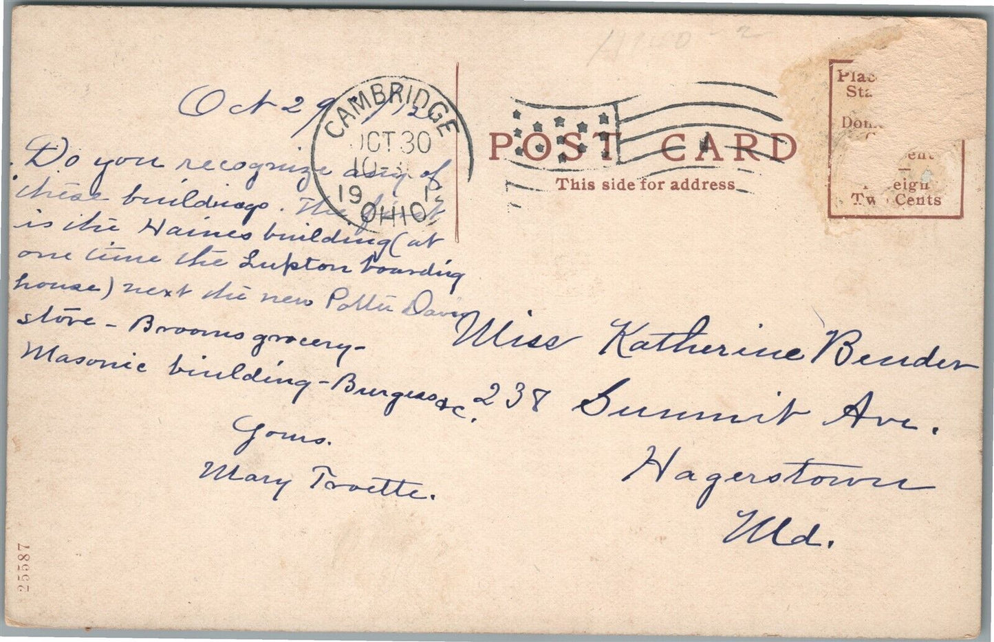 CAMBRIDGE OH POTTER DAVIS CO. ANTIQUE POSTCARD