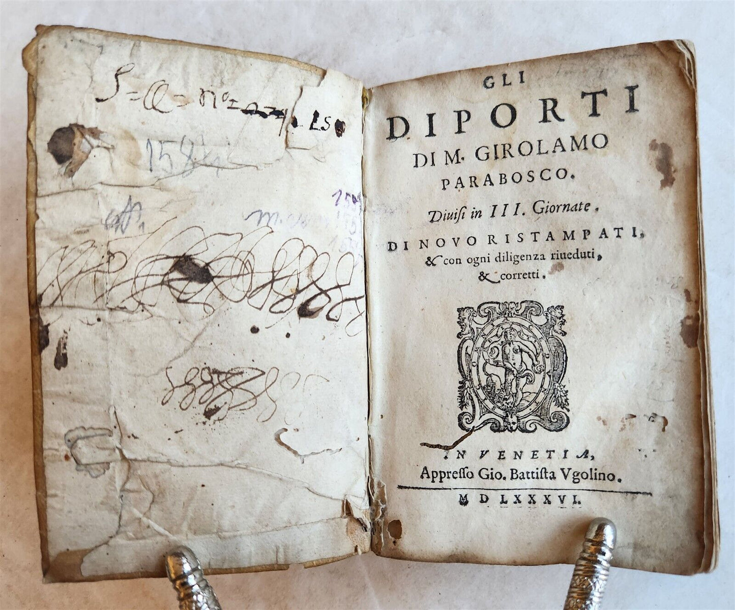1586 GLI DIPORTI by Girolamo Parabosco antique 16th CENTURY VELLUM BOUND ITALIAN