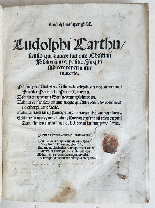 1521 POST-INCUNABULA COMMENTARY of PSALMS by Ludolph of Saxony antique VELLUM