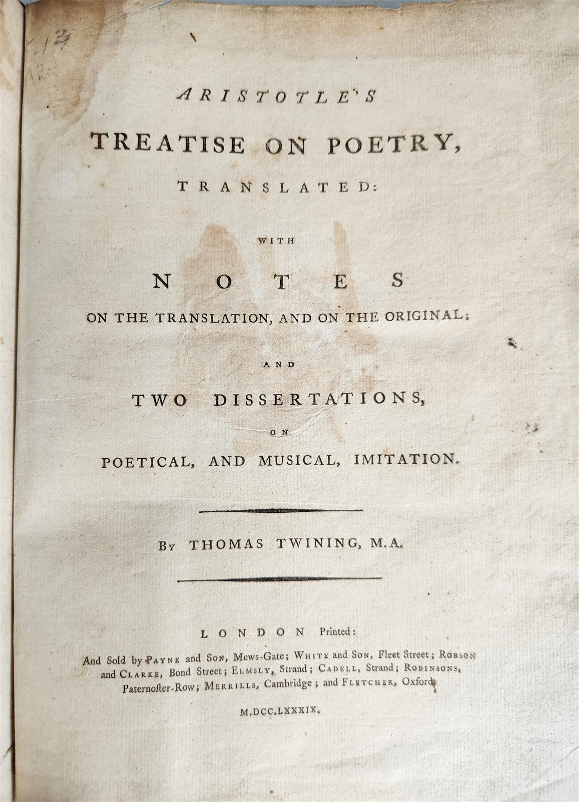 1789 ARISTOTLE'S TREATISE on POETRY antique in ENGLISH