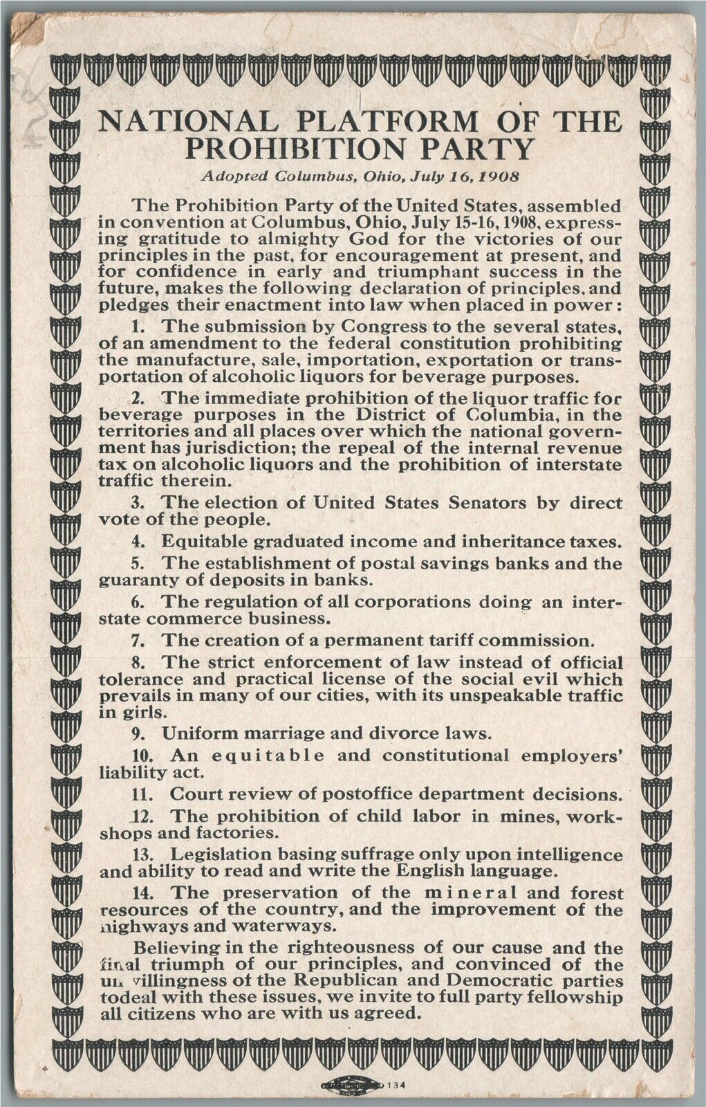 PROHIBITION PARTY of US ANTI-SALOON ANTIQUE POSTCARD