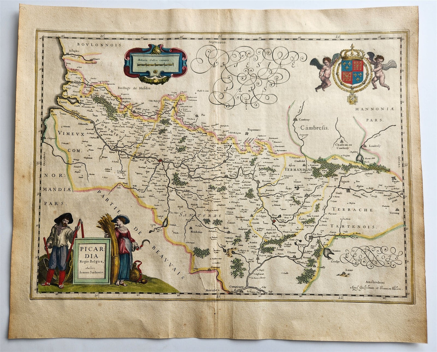 1640 MAP of PICARDIA FRANCE BELGIUM WILLEM BLAEU antique AUTHENTIC hand colored