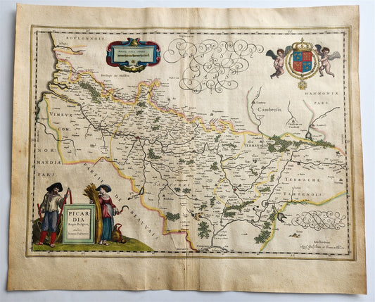 1640 MAP of PICARDIA FRANCE BELGIUM WILLEM BLAEU antique AUTHENTIC hand colored