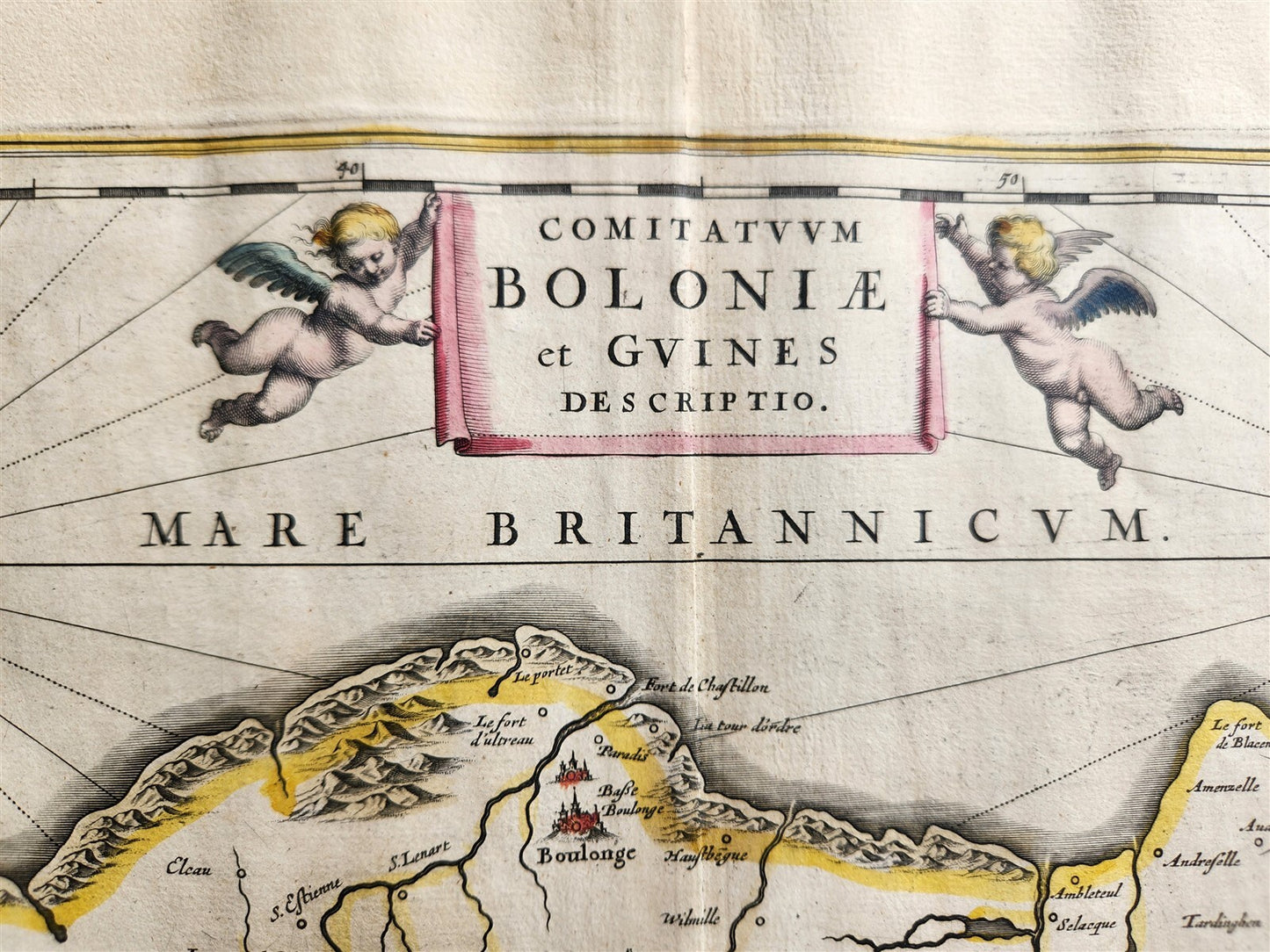 1640 MAP of Boulogne & Guines FRANCE WILLEM BLAEU antique AUTHENTIC hand colored