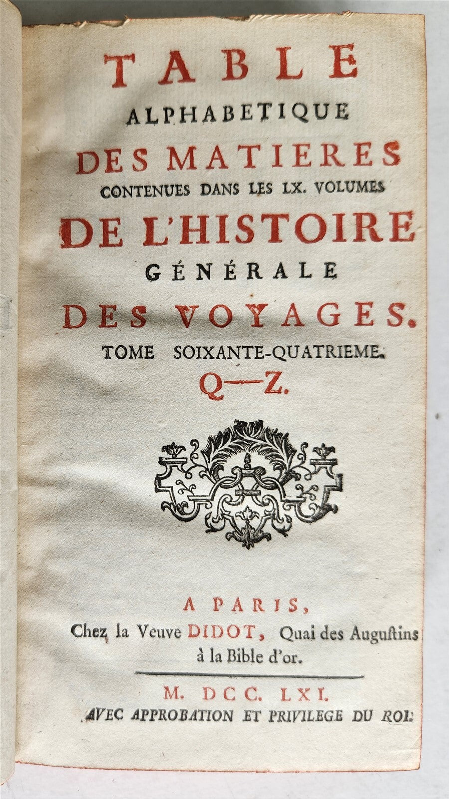 1761 HISTOIRE des VOYAGES antique vol.64 ALPHABETICAL INDEX Q-Z