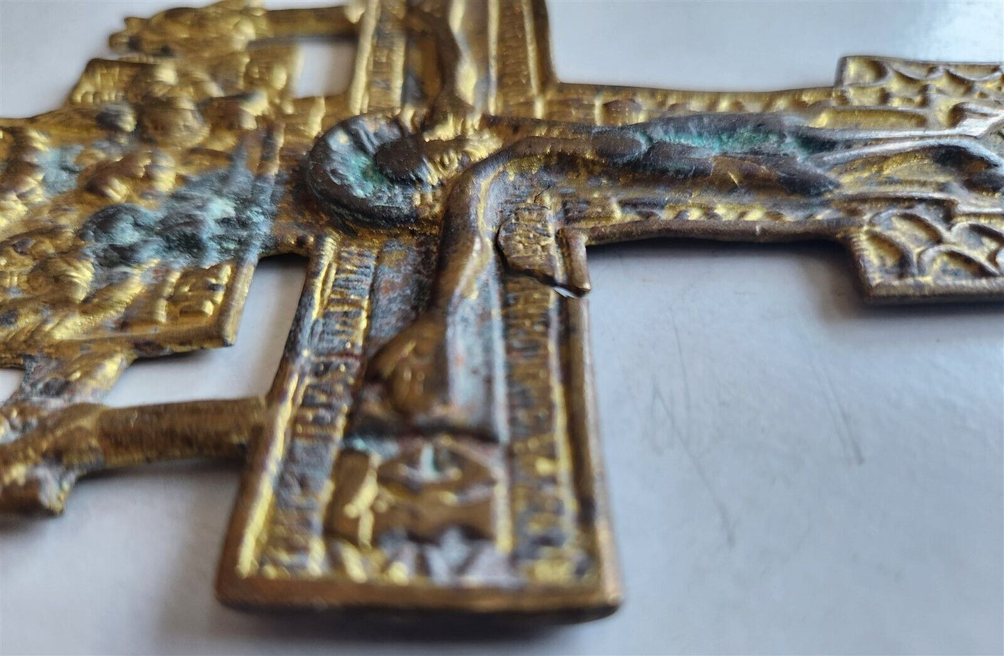 RUSSIAN BRONZE CRUSIFIX ICON 19th CENTURY antique CROSS 3.5 by 6"