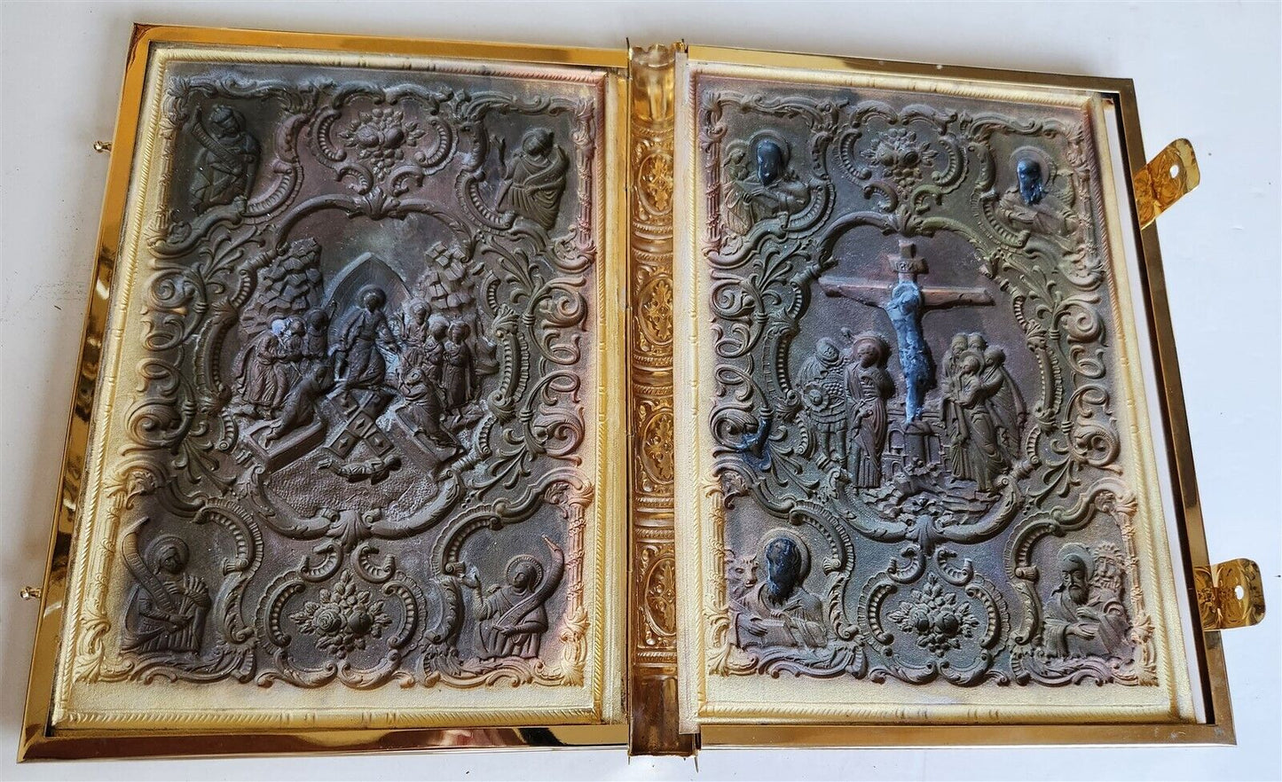 GREEK RUSSIAN ORTHODOX CHURCH GOSPEL GILT BRASS COVERS folio VINTAGE Bible