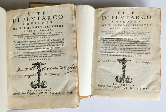 1582 PLUTARCH LIVES of ILLUSTRIOUS GREEK & ROMANS 2 VOLUMES antique ILLUSTRATED