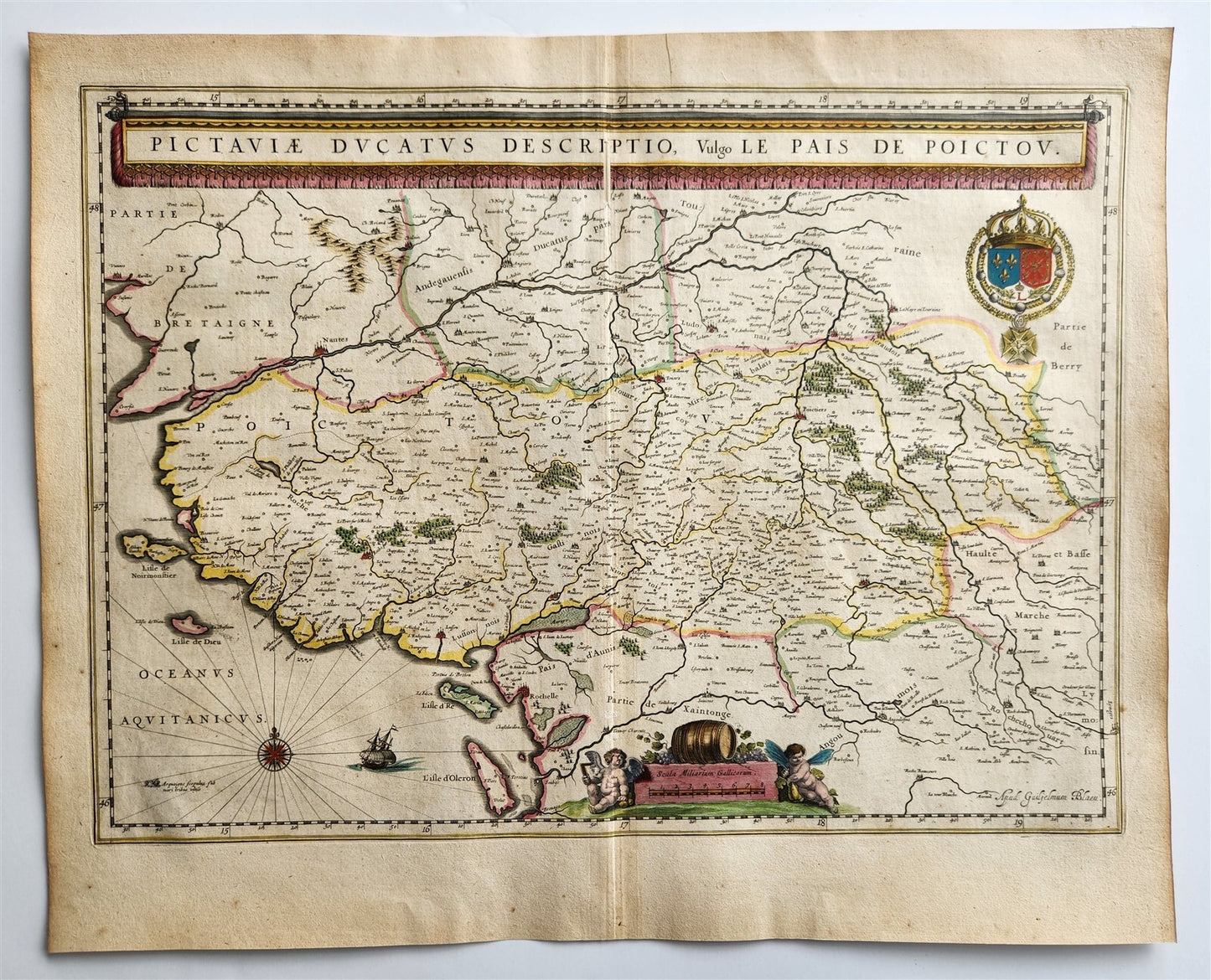 1640 MAP of FRANCE PAIS DE POICTOV WILLEM BLAEU antique AUTHENTIC hand colored