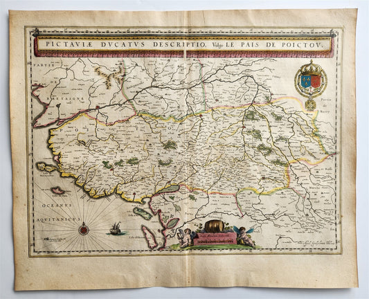 1640 MAP of FRANCE PAIS DE POICTOV WILLEM BLAEU antique AUTHENTIC hand colored