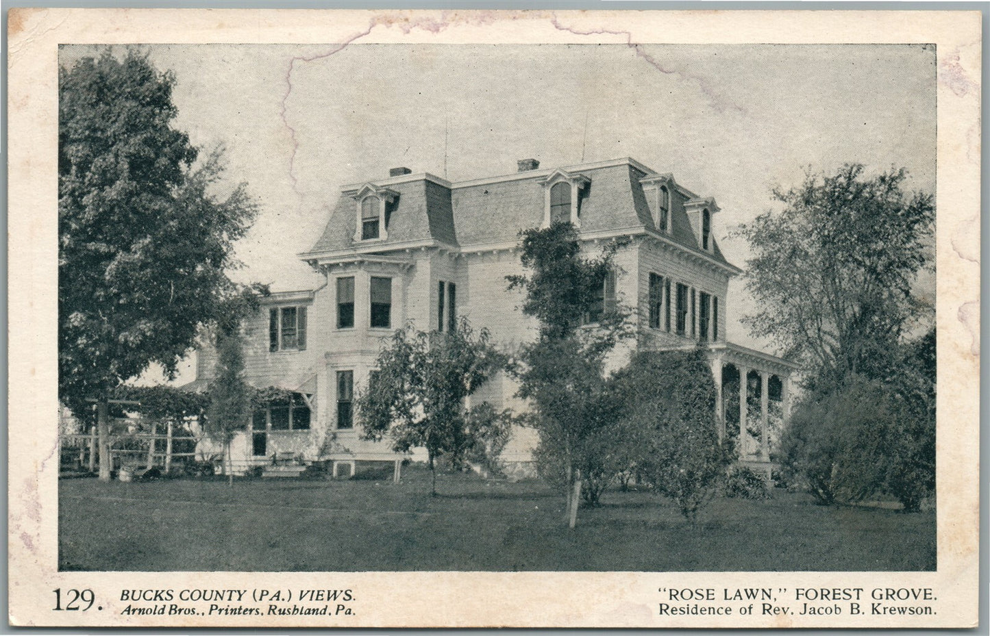 BUCKS CO. PA ARNOLD BROS. ROSE LAWN FOREST GROVE ANTIQUE POSTCARD #129