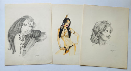 ILLUSTRATION ART FEMALE lot of 3 PENCIL and WATERCOLOR DRAWINGS vintage signed