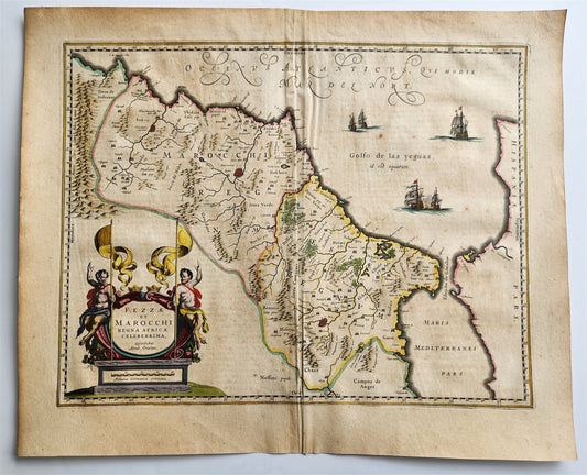 1640 MAP of MOROCCO NORTH AFRICA by WILLEM BLAEU antique AUTHENTIC hand colored