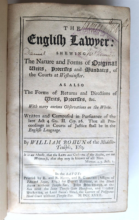 1732 ENGLISH LAWYER Shewing Nature & Forms of Original Writs by W. BOHUM antique