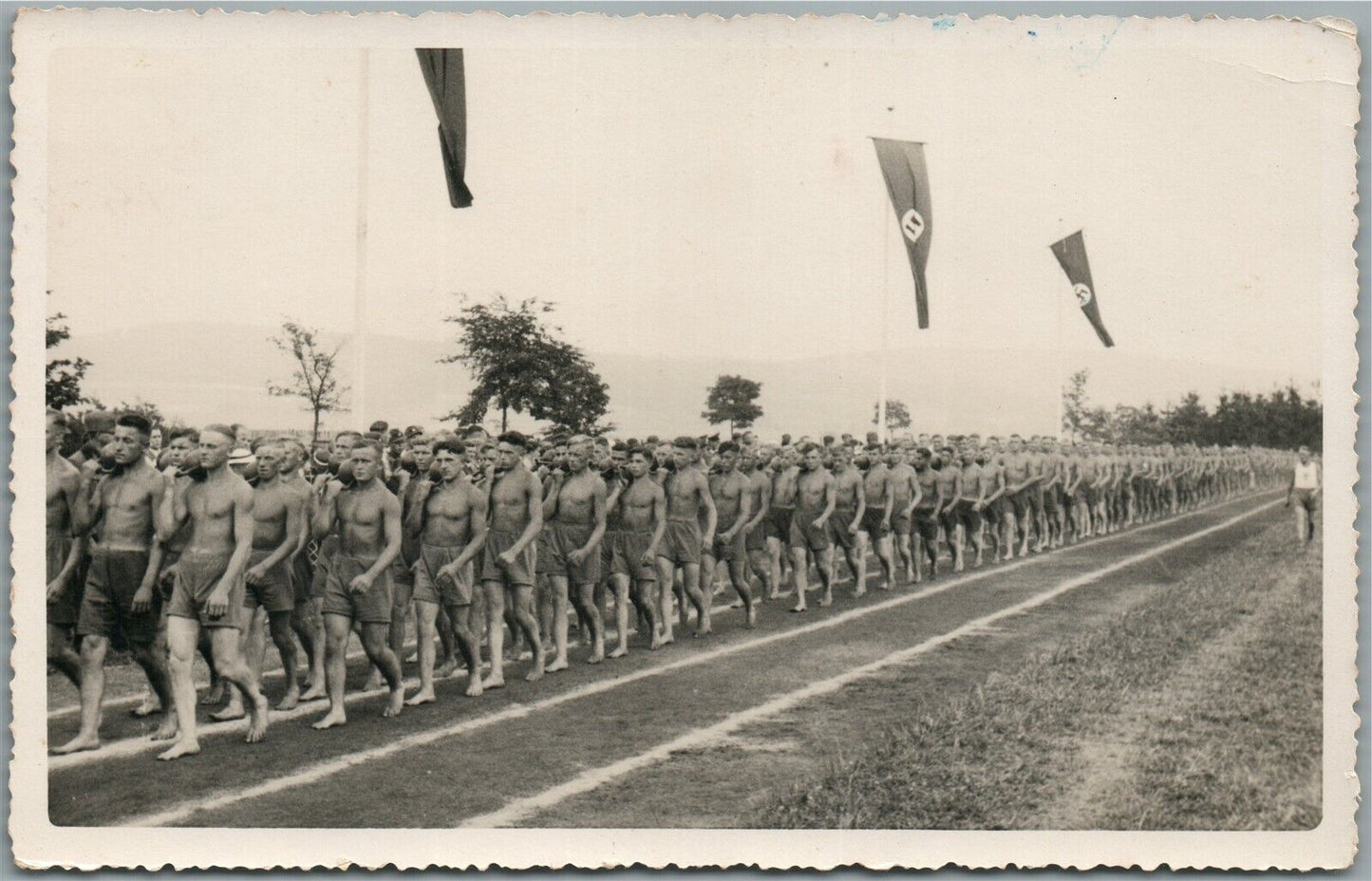 GERMAN WWII ERA military ATHLETS PARADE ANTIQUE REAL PHOTO POSTCARD RPPC