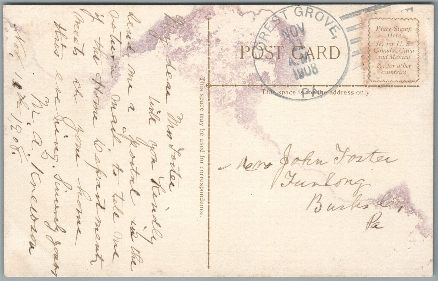 BUCKS CO. PA ARNOLD BROS. ROSE LAWN FOREST GROVE ANTIQUE POSTCARD #129