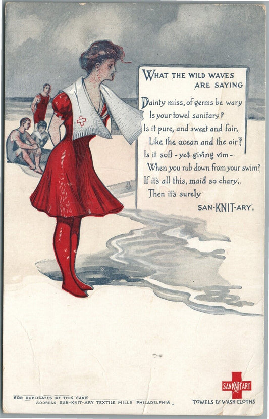 SANITARY RED CROSS BEACH GIRL ANTIQUE POSTCARD