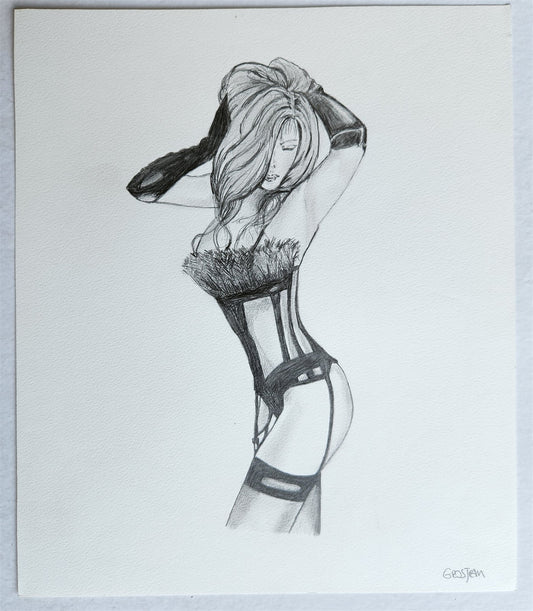 ILLUSTRATION ART FEMALE in LINGERIE PENCIL DRAWING vintage signed