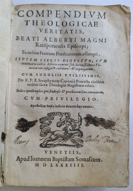 1584 COMPENDIUM THEOLOGICAE VERITATIS by ALBERTI MAGNI antique VELLUM 16th CENT.