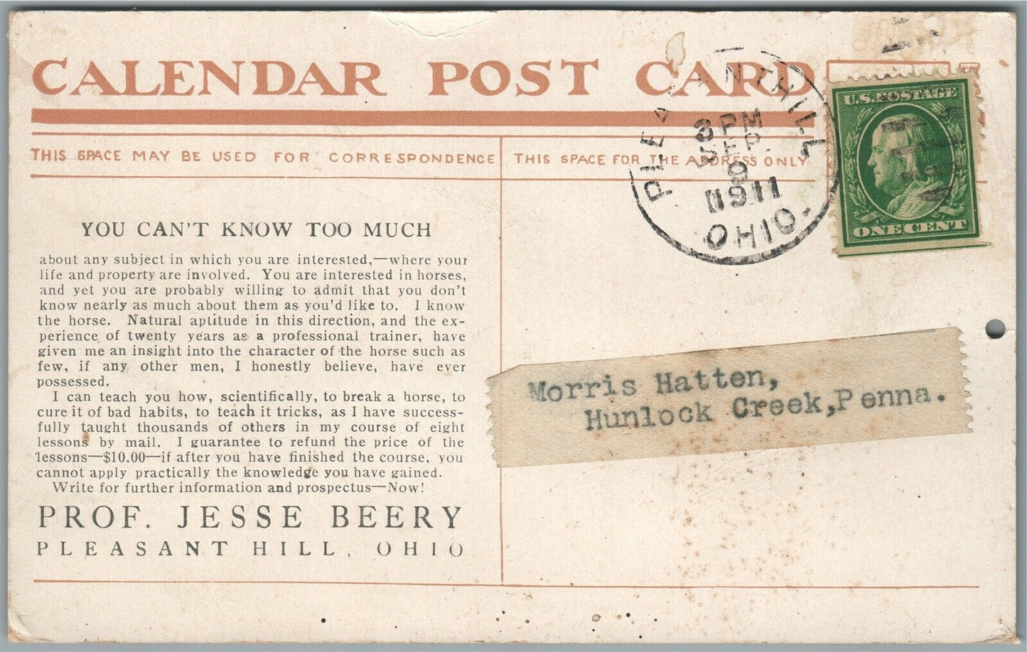 PLEASANT HILL OH HORSEMANSHIP COURSE ADVERTISING ANTIQUE POSTCARD