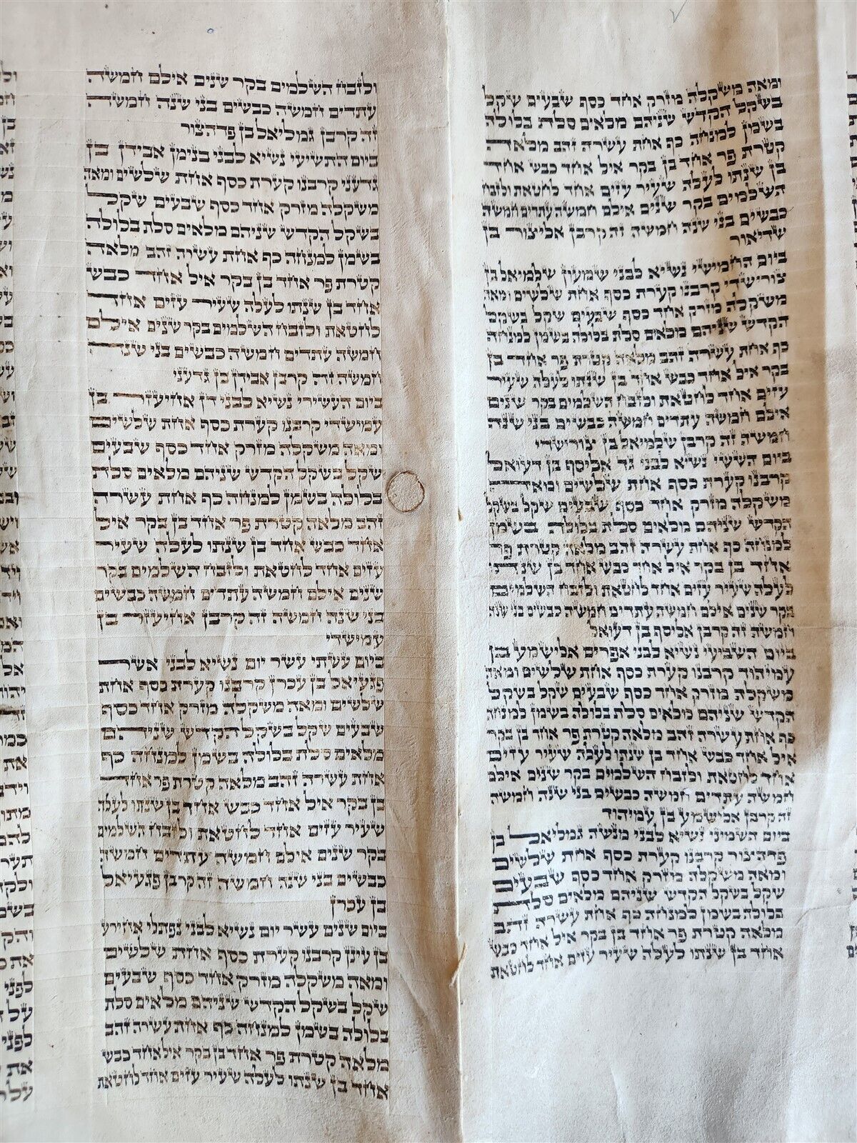 TORAH SCROLL FRAGMENT MANUSCRIPT on VELLUM antique BIBLE NUMBERS 4:39-15:16