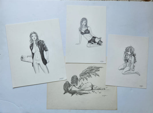 ILLUSTRATION ART FEMALE lot of 4 EROTIC PENCIL DRAWINGS vintage signed