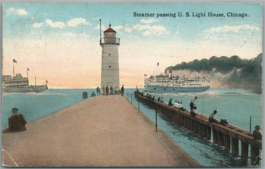 CHICAGO IL STEAMER PASSING US LIGHTHOUSE ANTIQUE POSTCARD
