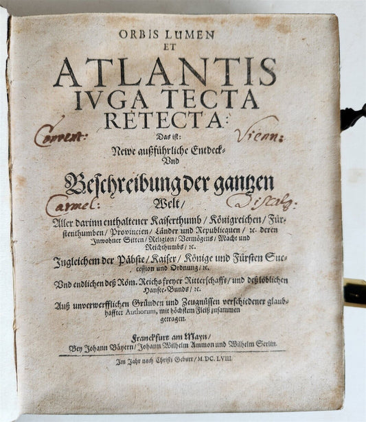 1658 ORBIS LUMEN et ATLANTIS antique DESCRIPTION of the WORLD incl. AMERICA