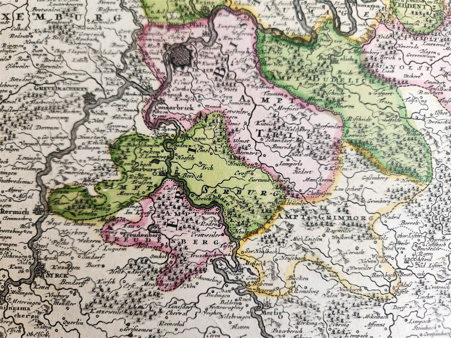 1720s MAP of GERMANY MOSELLE RIVER by J.B.HOMANN antique AUTHENTIC hand colored