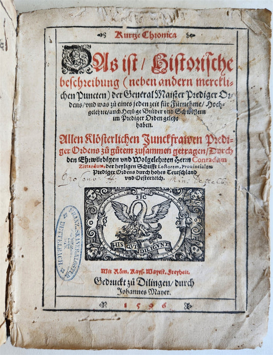 1596 HISTORICAL CHRONICLE of GERMAN RELIGIOUS ORDER antique Kurtze Chronica RARE