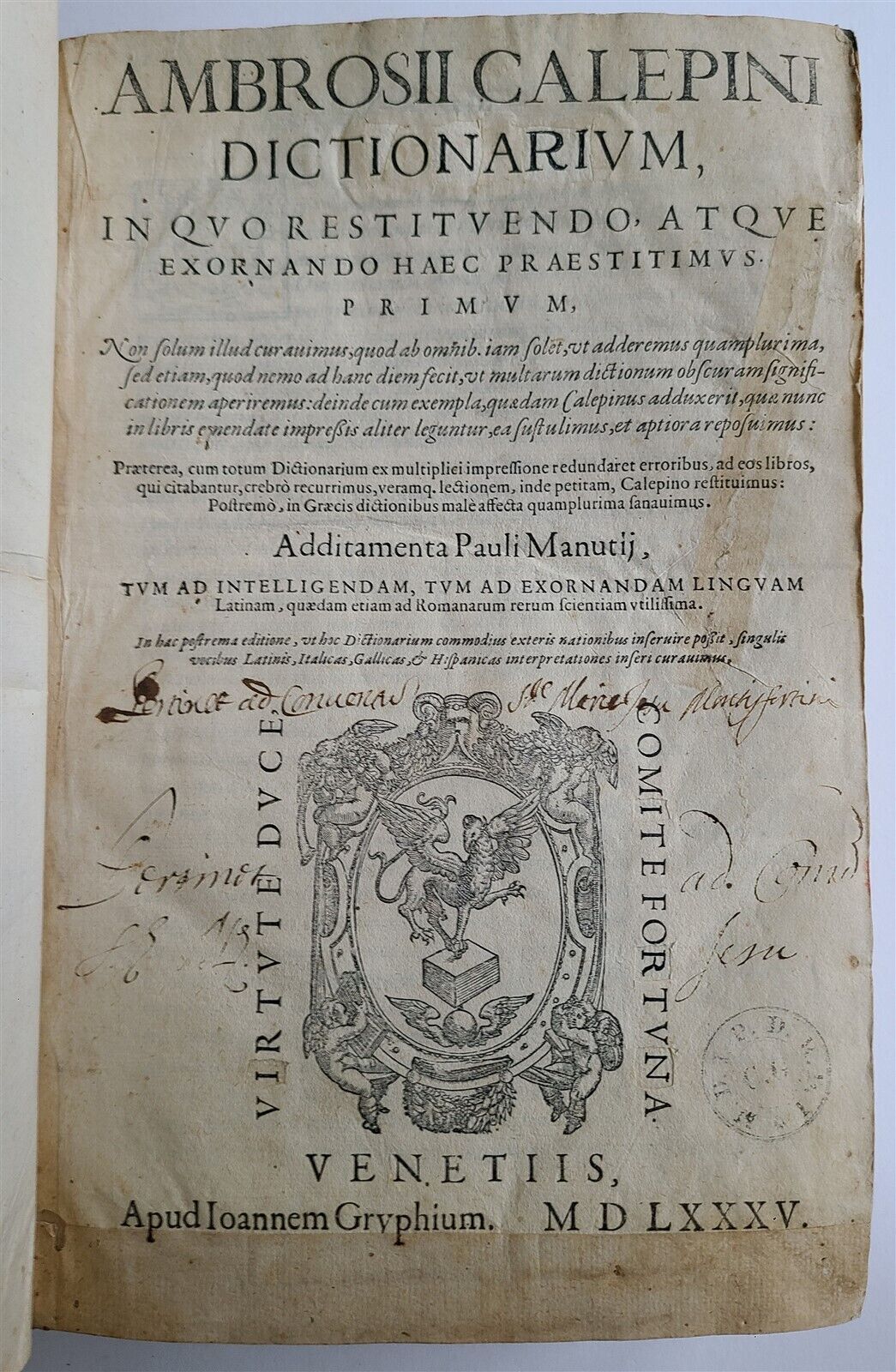 1585 LATIN DICTIONARY by AMBROSII CALEPINI DICTIONARUM antique VELLUM FOLIO