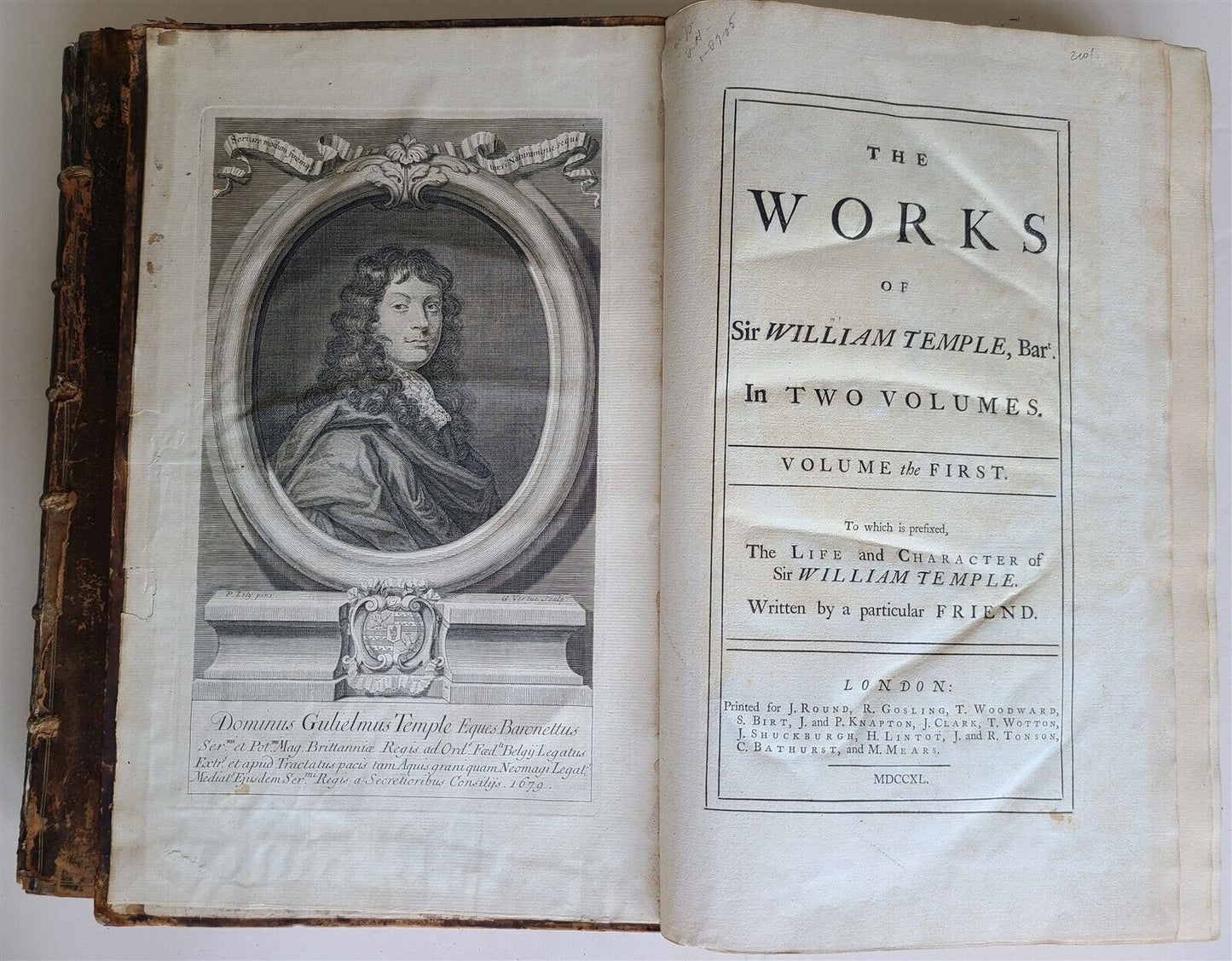 1740 WORKS of SIR WILLIAM TEMPLE 2 volumes antique FOLIO in ENGLISH